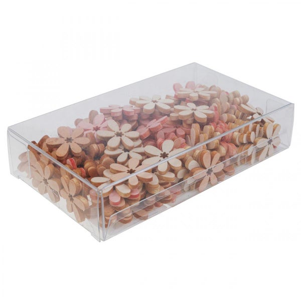 Dekorative Holzblumen in einer transparenten Kunststoffbox