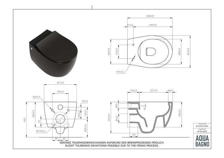 Aqua Bagno Taharet Design Hänge-Dusch-WC 10.10.02.02.ANKT – Schwarz Matt – Spülrandlos – Bidetfunktion – Slim Softclose Sitz