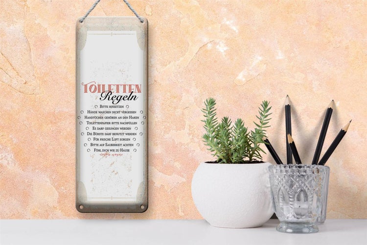 Blechschild Spruch Toiletten Regeln bitte hinsetzen 10x27cm