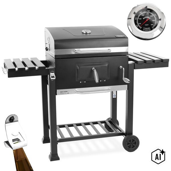 Hecht California Holzkohlegrill mit seitlichen Ablagen Thermometer und Flaschenöffner