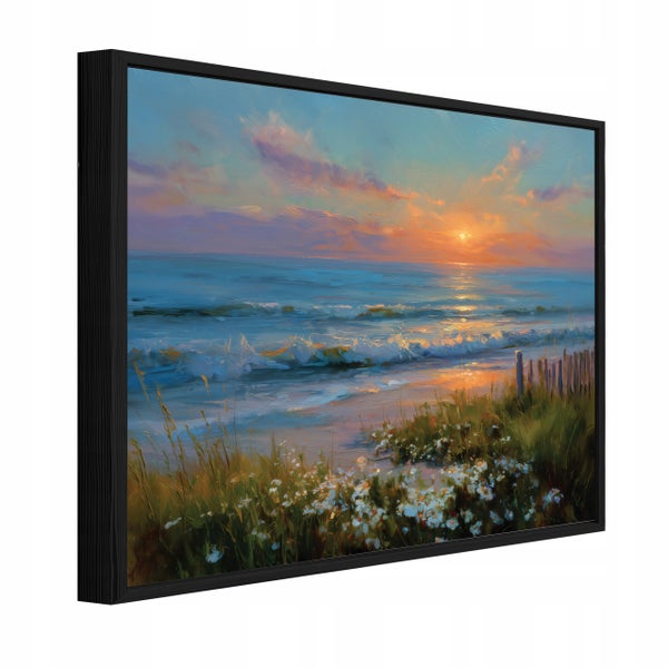 Wandbild mit Sonnenuntergang am Meer im schwarzen Rahmen in perspektivischer Ansicht