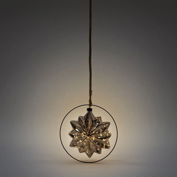 ECD Germany LED-Weihnachtsstern Ø18cm, 40 LEDs, 80cm Seil, Deko Leuchtstern zum Hängen, Warmweiß, Grau, Glasstern mit Beleuchtung & Metallring, batteriebetrieb, Timer, Innen, Deko Stern Weihnachtsdeko