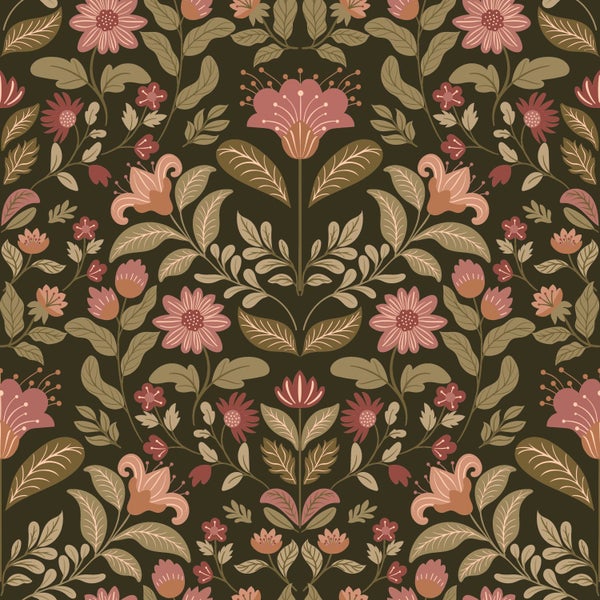 Nahtloses Muster mit Blumen und Blättern in symmetrischer Anordnung.