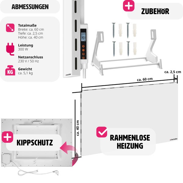Abmessungen, Zubehör und Kippschutz für eine rahmenlose Heizung