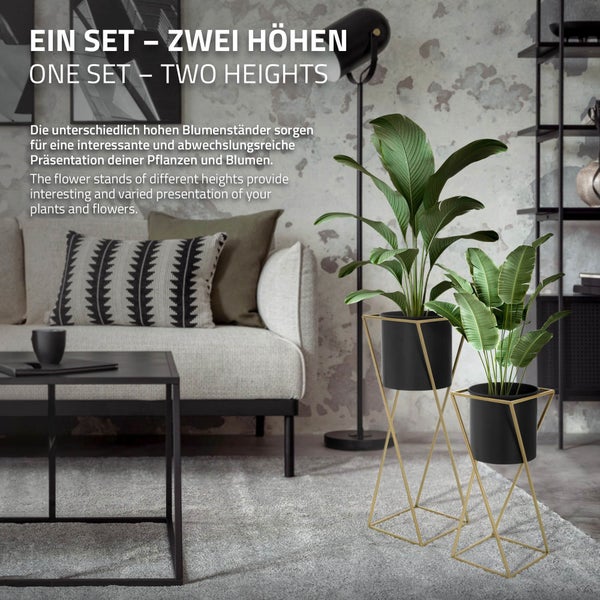 ML-Design Blumenständer 2er Set, Schwarz-Gold, 21x21x51/24x24x70,5 cm, Stahl, Blumentopfständer mit Übertopf, Metall Pflanzenständer, Blumentopfhalter 2-tlg, Pflanztopf Deko Blumensäule Blumenhocker