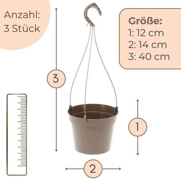 Blumenampel Set bestehend aus 3 Stück mit Maßen: Topfhöhe 12 Zentimeter, Bodendurchmesser 14 Zentimeter und Gesamthöhe 40 Zentimeter.