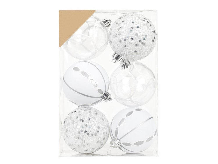 Set mit sechs Weihnachtskugeln in verschiedenen Ausführungen als Christbaumschmuck in einer Klarsichtverpackung