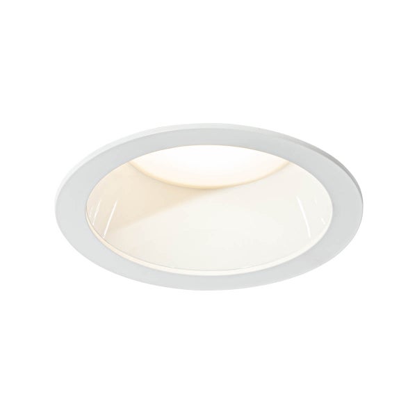 Runder LED Einbaustrahler für die Decke mit weißem Rahmen.
