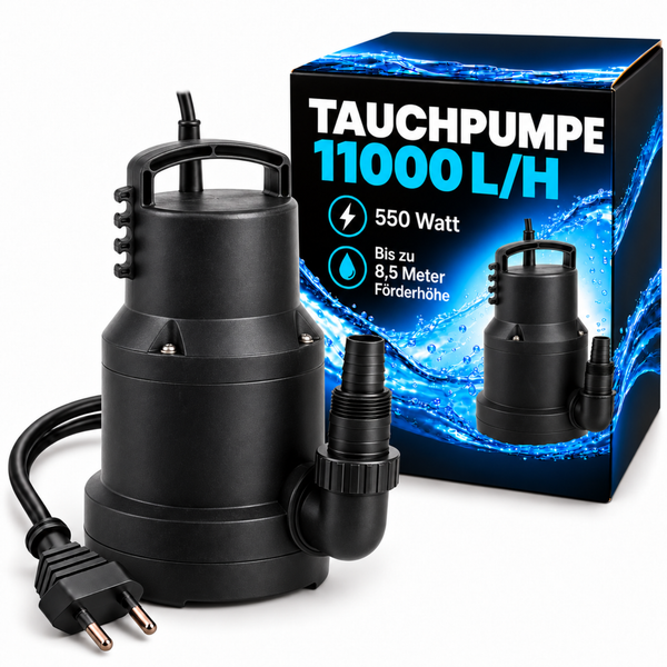 Tauchpumpe mit 550 Watt Leistung und 11000 Liter pro Stunde Fördermenge sowie 8,5 Meter Förderhöhe inklusive Verpackung.