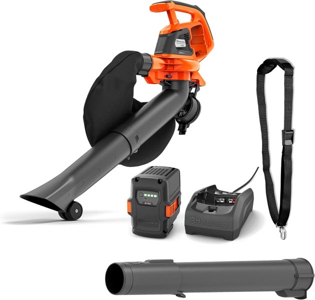 Akkubetriebener Laubsauger mit Akku, Ladegerät, Schultergurt und Saugrohrverlängerung