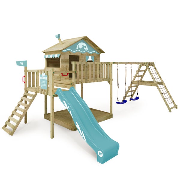 WICKEY Spielturm Klettergerüst Smart Ocean mit Schaukel und Rutsche, Stelzenhaus mit Sandkasten, Kletterleiter und Spiel-Zubehör – pastellblau
