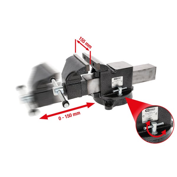 Werkbank Schraubstock mit einer Backenbreite von 155 mm und einer Spannweite von 0 bis 150 mm.