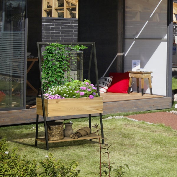 Outsunny Hochbeet mit Rankgitter, Pflanzkasten mit Ablage, Pflanzkübel mit Innenverkleidung aus Vlies, Blumenkasten, für Terrasse, Balkon, Natur, 80 x 30 x 125 cm