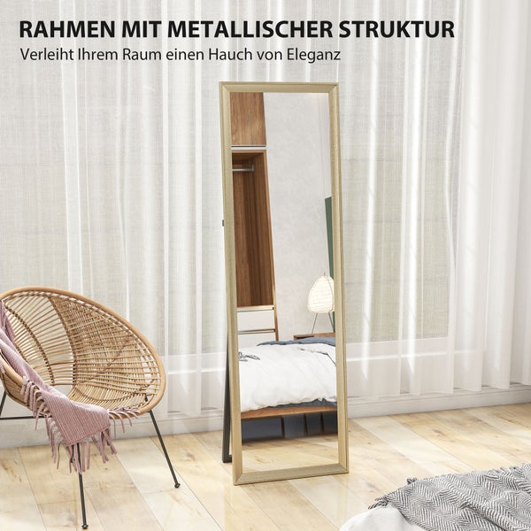 Produktbild, das einen rechteckigen Spiegel mit drei verschiedenen Anwendungsarten zeigt: freistehend, hängend und an die Wand gelehnt.