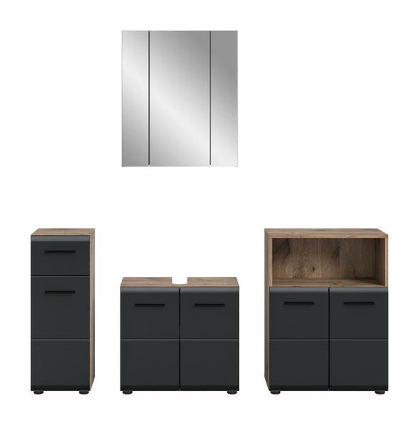 Badezimmermöbel Set bestehend aus Spiegelschrank, Waschbeckenunterschrank und zwei Beistellschränken in Anthrazit und Holzoptik.