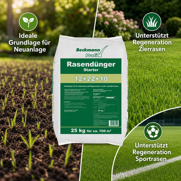 Beckmann Profi Rasendünger Starter 25 kg für Neuanlage und Regeneration von Zier- und Sportrasen mit 12+22+10 NPK Düngerzusammensetzung.