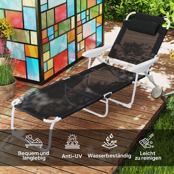 Verstellbare Gartenliege mit weißem Gestell und schwarzem Netzgewebe auf Holzterrasse, UV-beständig, wasserfest, langlebig und leicht zu reinigen.