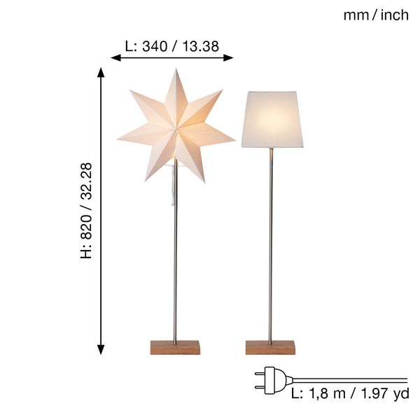 Abbildung von zwei Stehlampen mit verschiedenen Lampenschirmen und Maßangaben