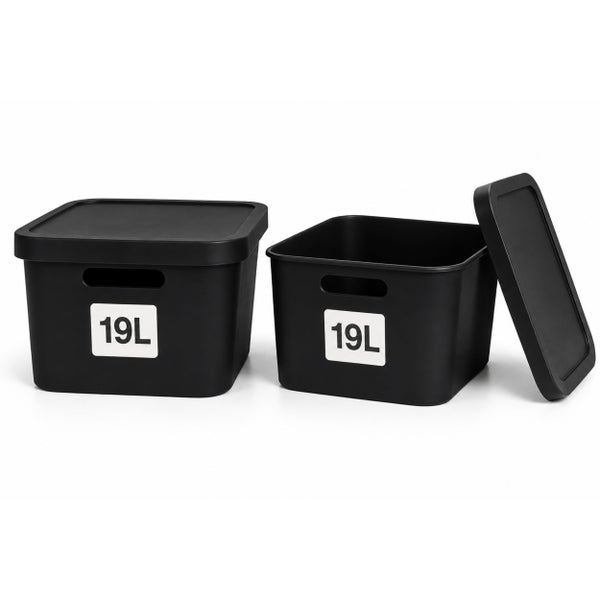 Zwei quadratische Kunststoff Aufbewahrungsboxen mit Deckel und 19 Liter Volumen
