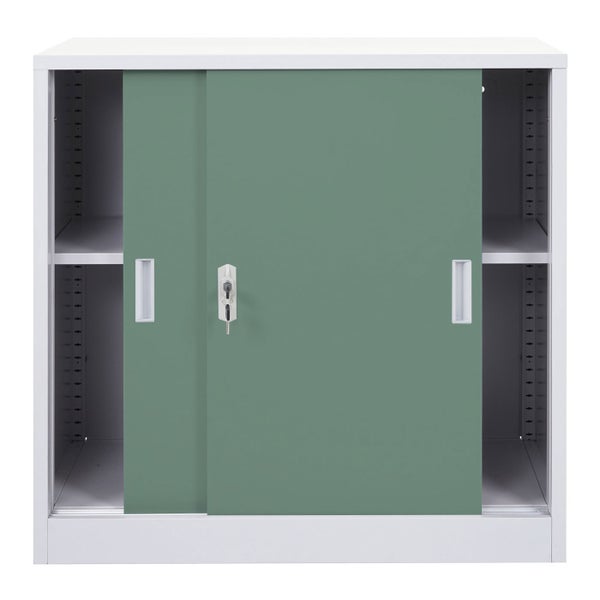Stahlschrank mit Schiebetüren und Regalböden