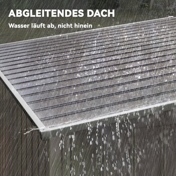Geneigtes Dach mit ablaufendem Wasser bei Regen.