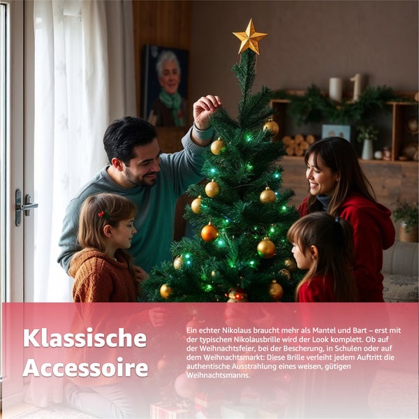 Familie schmückt einen Weihnachtsbaum mit goldenen Kugeln und einem goldenen Stern