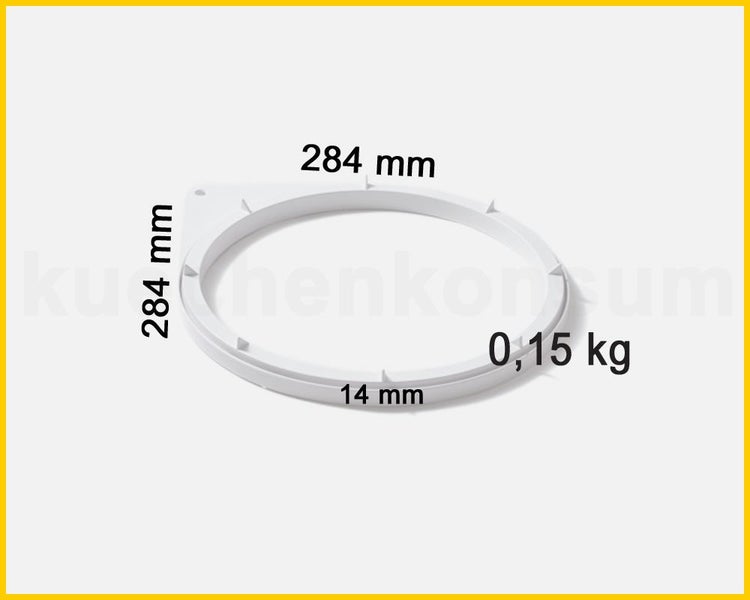 Weißer Montage-Ring mit einem Durchmesser von 284 Millimeter, einer Höhe von 14 Millimeter und einem Gewicht von 0,15 Kilogramm.