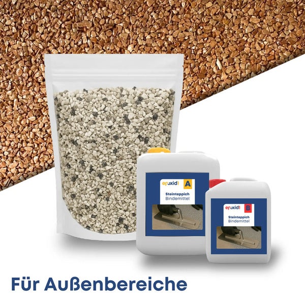 Steinteppich Komplettset für Außenbereiche mit Marmorkies in einem Beutel und zwei Kanistern Bindemittel.