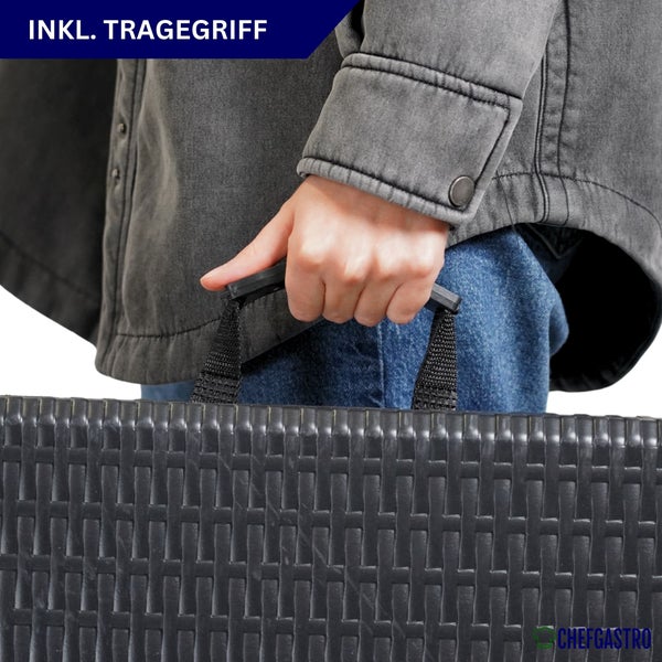 Detailansicht eines schwarzen Produkts in Flechtoptik mit Tragegriff in einer Hand. Inklusive Tragegriff. ChefGastro Logo.