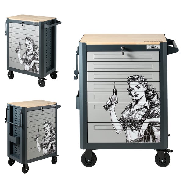 Trutzholm Werkstattwagen mit Holzplatte und sieben Schubladen mit Pinup Motiv