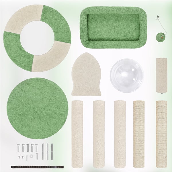 Komponenten für einen Katzenbaum, inklusive Liegeflächen, Kratzsäulen und Befestigungsmaterial