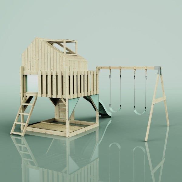 Spielturm mit Schaukel und Rutsche aus Holz