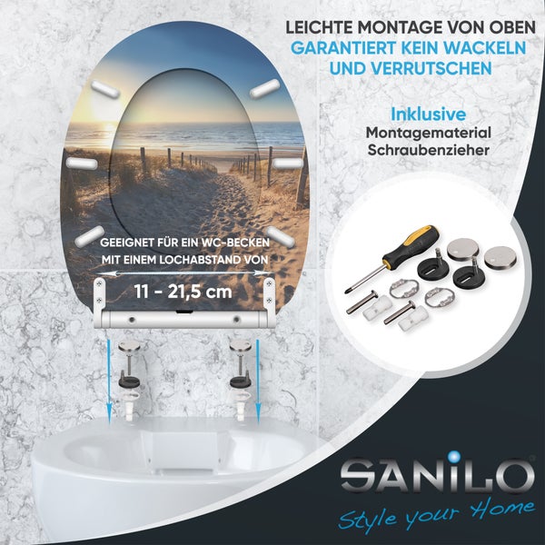 Sanilo WC-Sitz mit Strand-Motiv, für Lochabstände von 11 bis 21,5 Zentimeter, inklusive Montagematerial und Schraubendreher. Sanilo Logo.