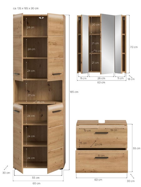 Badezimmermöbel-Set in Eiche-Optik mit Maßen für Hochschrank, Spiegelschrank und Waschbeckenunterschrank. Maße circa 135 mal 185 mal 30 Zentimeter.