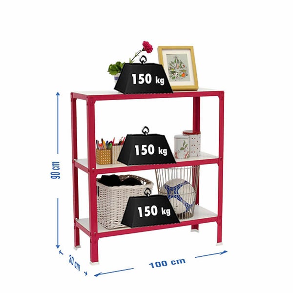 Steckregal aus Metall mit 3 Böden, Höhe 90 Zentimeter, Breite 100 Zentimeter, Tiefe 30 Zentimeter, Traglast 150 Kilogramm pro Boden.