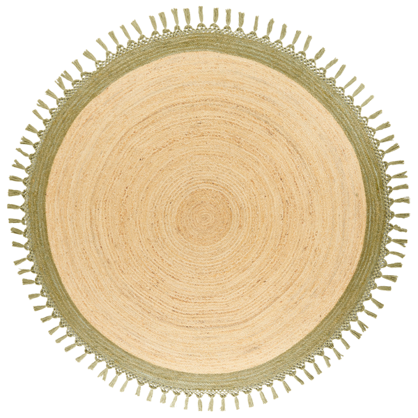 Runder Teppich aus geflochtener Jute mit Rand und Fransen.