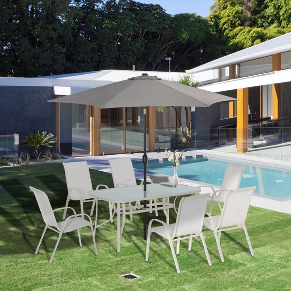 Outsunny 8tlg. Gartenmöbel, Gartenset mit Sonnenschirm, 1 Tisch+6 Stühle, für Garten Terrasse, 150L x 90B x 71H cm, Aluminium, Cremeweiß+Hellgrau