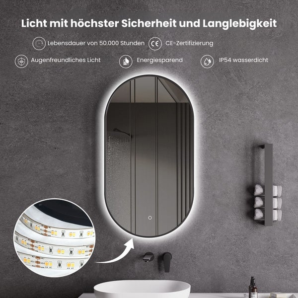 LED Spiegel Oval Spiegelheizung 40x60 oder 55x100 Schwarz Matt Warm-/Kaltlichteinstellung Badspiegel