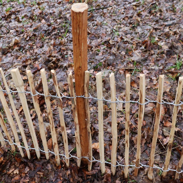Hölzerner Rollzaun mit Pfosten im Garten