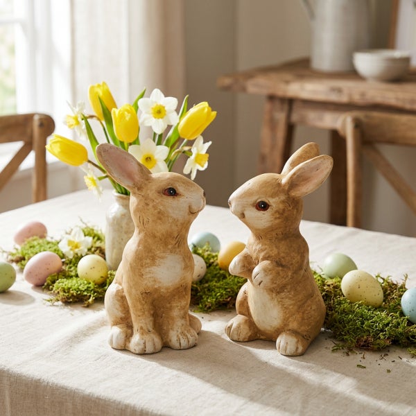 Zwei dekorative Osterhasenfiguren auf einem Tisch dekoriert mit Frühlingsblumen, Moos und Ostereiern als festliche Tischdekoration.