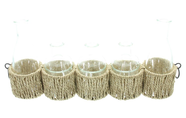 FRANK FLECHTWAREN | Vasenset Bottles, GLAS, METALL, PAPIER, 43,5 x 7 x 19 cm