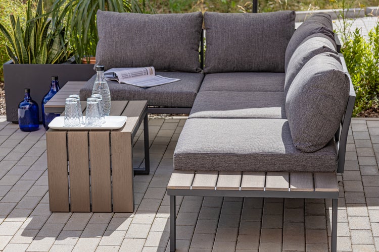 Ondis24 Lounge Ecksitzgarnitur mit Tisch Polywoodplatte, Stahl, Gartenmöbel