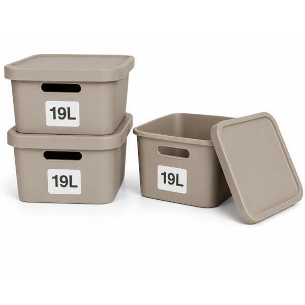Drei Kunststoff Aufbewahrungsboxen mit Deckel und jeweils 19 Liter Fassungsvermögen zum Sortieren und Ordnen von Gegenständen.