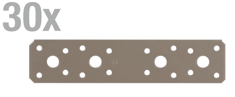 Set mit 30 Lochplatten aus Metall zur stabilen Verbindung von Holzelementen im Holzbau
