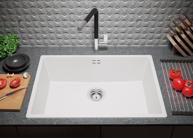 PRIMAGRAN Spülbecken Weiß 66x47cm, Granitspüle 1 Becken + Ablauf-Set, Küchenspüle ab 70er Unterschrank - London Slim