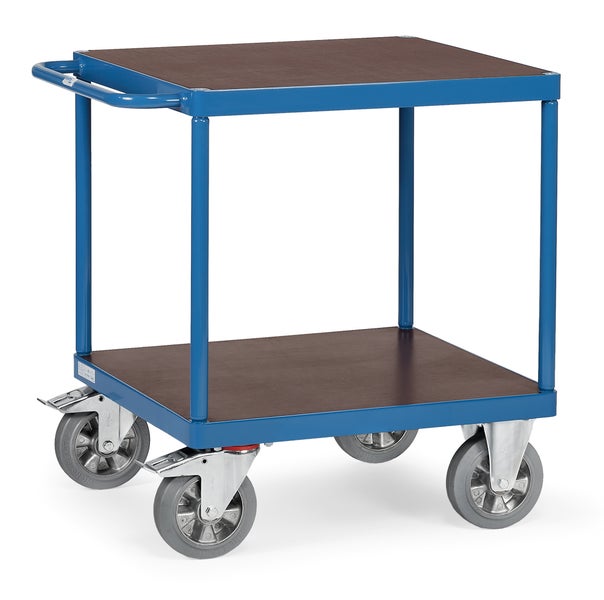 Blauer Transportwagen mit zwei Ablageflächen aus Holz