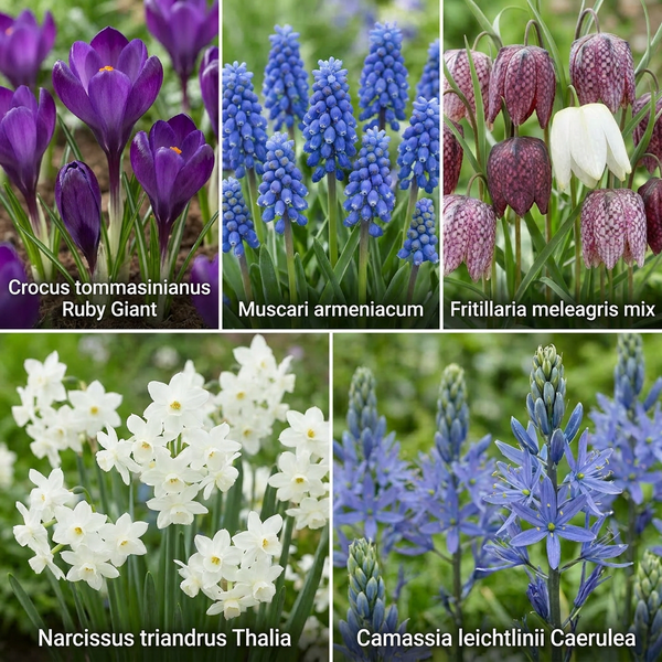 Collage von Frühlingsblühern: Krokus Ruby Giant, Muscari armeniacum, Fritillaria meleagris Mischung, Narzisse Thalia und Camassia Caerulea.