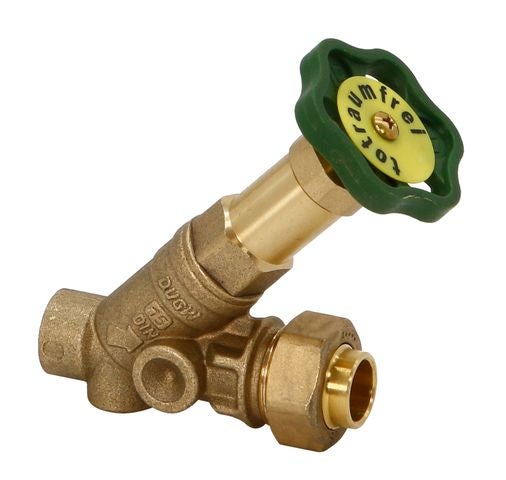 Schrägsitzventil aus Messing, totraumfrei mit grünem Handrad.