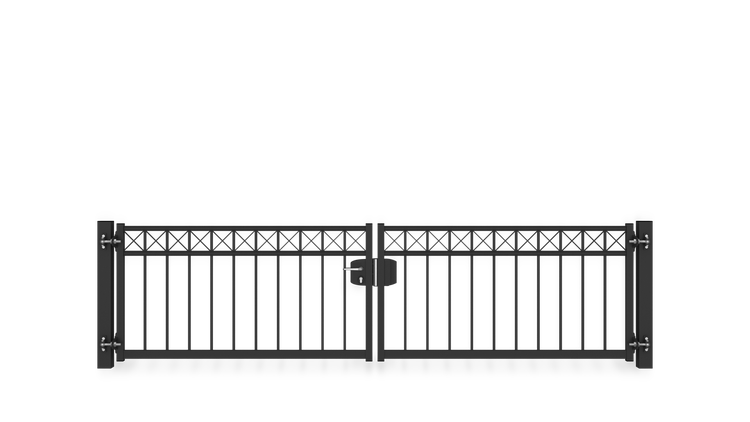 Gartentor ZAUNGURU BASIC-Line Oldenburg Kreuz aus Metall, Höhe: 83cm, Breite: 334cm, 2-flügelig inkl. Pfosten, Schloss und Zubehör, Feuerverzinkt und zusätzlich in RAL 7016 Anthrazitgrau pulverbeschichtet