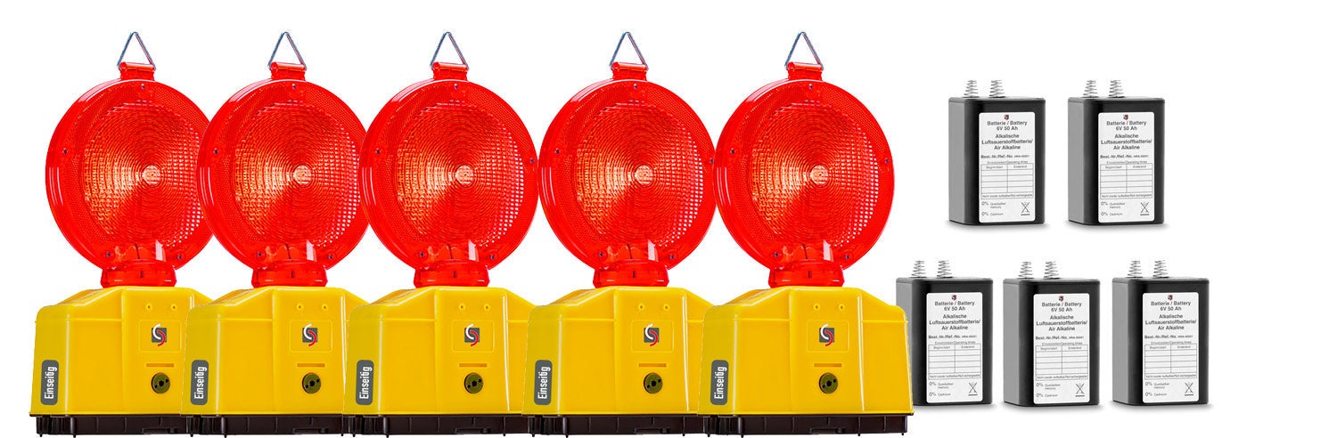 Vollsperrung Set 5 x LED Warnleuchten rot - einseitiger Lichtaustritt inkl. Batterien - Typ: Einseitig mit 5 x 50 Ah Batterien (Langzeitbatterien, 1 pro Lampe reicht)